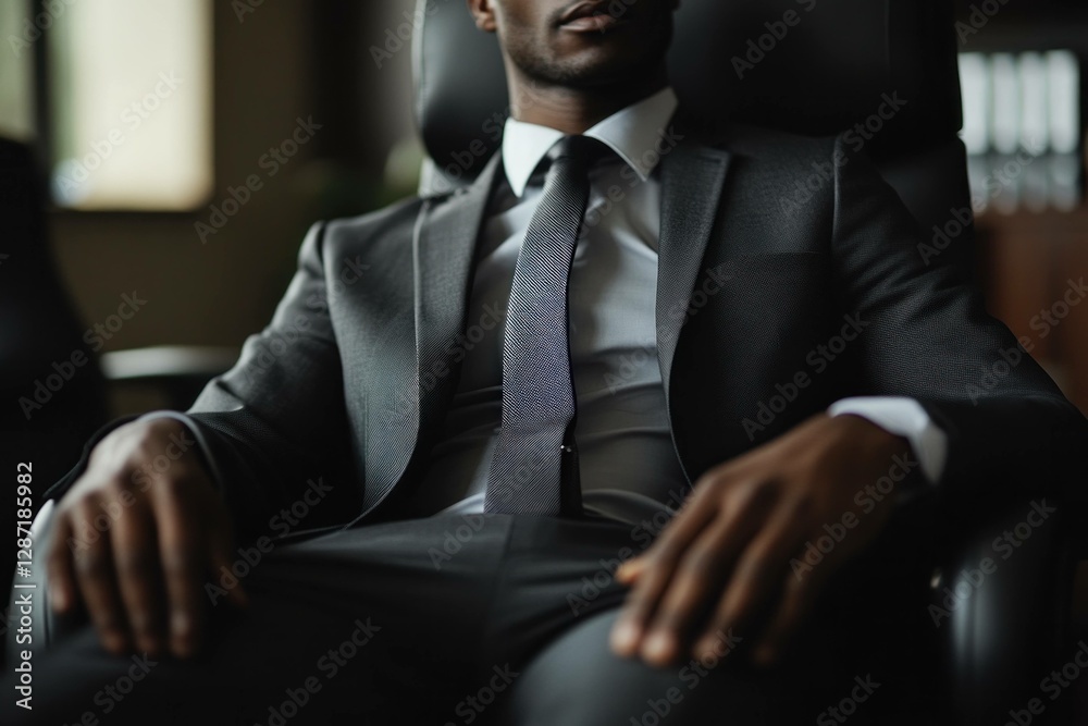 Confident African American businessman in a gray suit sitting in an office chair, exuding professionalism and calm, ideal for corporate and business themes Confident African American businessman in a gray suit sitting in an office chair, exuding professionalism and calm, ideal for corporate and business themes