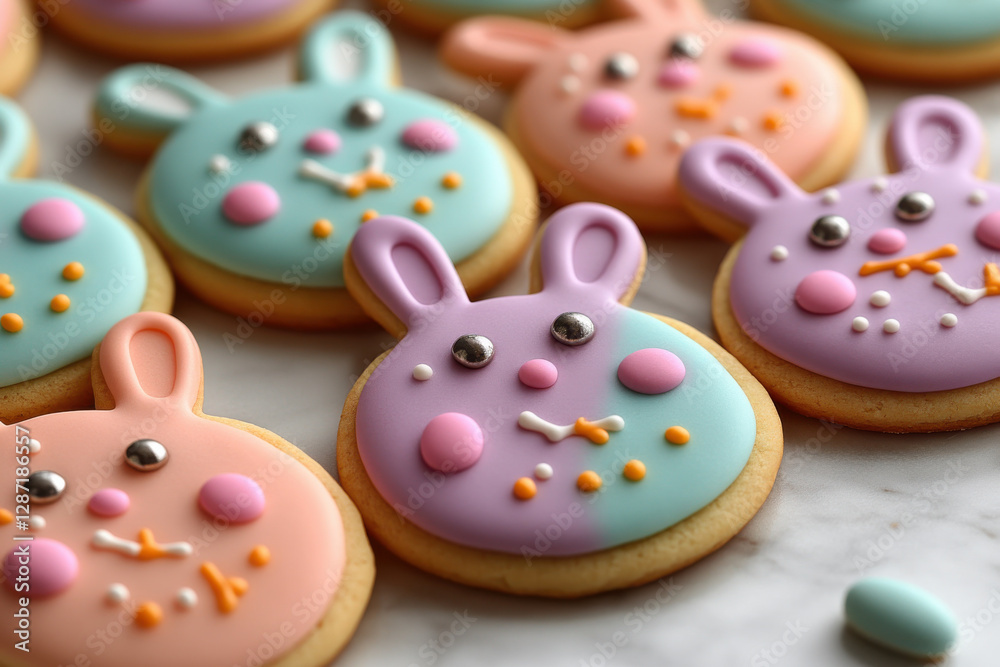 A row of colorful Easter bunny cookies with pink and blue icing A row of colorful Easter bunny cookies with pink and blue icing