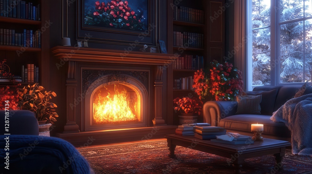 Fototapeta premium Reading by the fireplace with glowing AR book suggestions, cozy winter living room, soft warm lighting, photorealistic