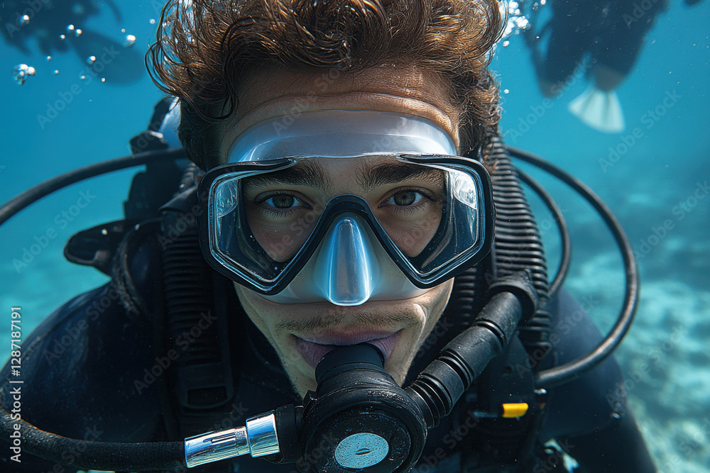 A man in a wet suit is underwater with a scuba diving mask on A man in a wet suit is underwater with a scuba diving mask on