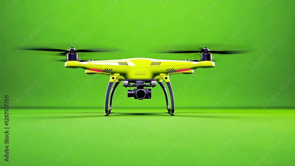 A stunning yellow drone with four rotors and a compact frame floating effortlessly above the bright green ground.