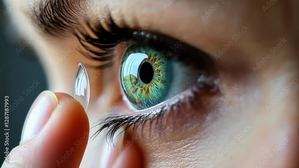 Detailed view of an eye as a contact lens is being applied, showcasing the intricate structure of the iris and eyelashes, highlighting advancements in vision correction technology