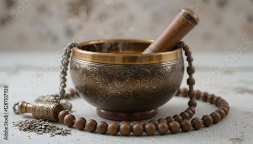 Hand Hammered Bronze Himalayan Singing Bowl, sage incense, and mala beads
