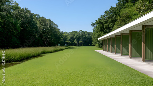 Wallpaper Mural Modern pavilion by tranquil lake, green lawn, forest backdrop; serene landscape design Torontodigital.ca