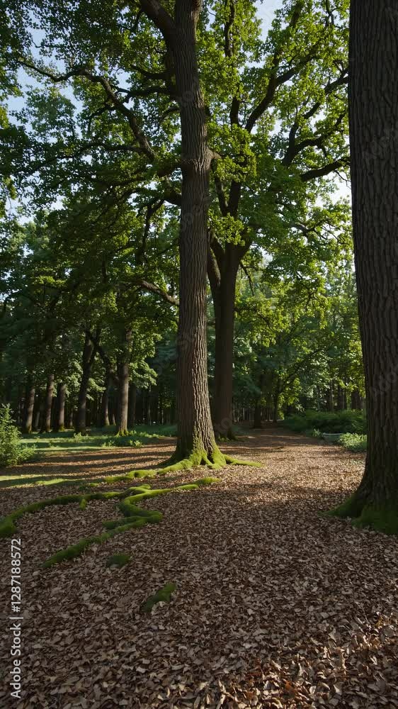 A serene forest scene with tall trees and dappled sunlight, captured from a low-angle, creating a tranquil video atmosphere. Mobile wallpaper ratio. A serene forest scene with tall trees and dappled sunlight, captured from a low-angle, creating a tranquil video atmosphere. Mobile wallpaper ratio.
