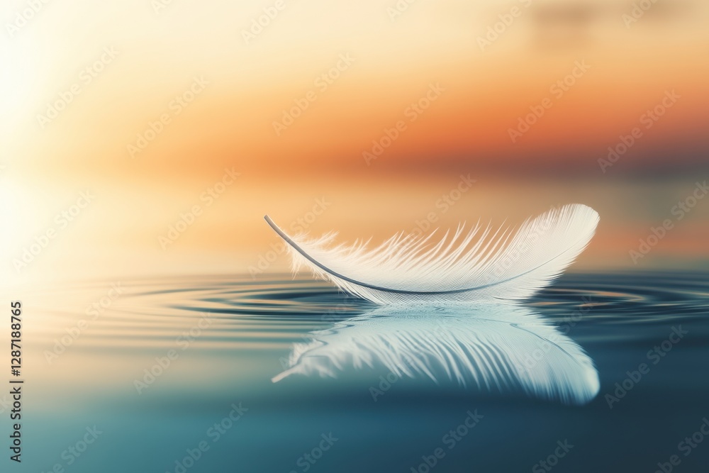 White feather floating on sunset water White feather floating on sunset water