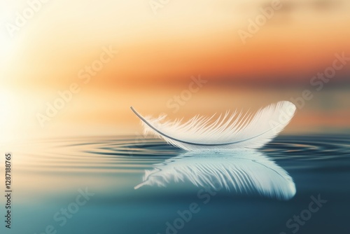 White feather floating on sunset water	