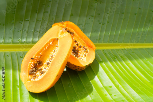 Summer tropical fruits of papaya over fresh green leaf