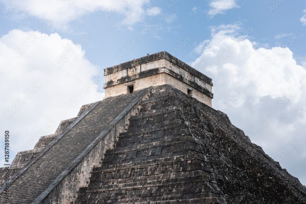 Close up on the top of chicken itza pyramid Close up on the top of chicken itza pyramid
