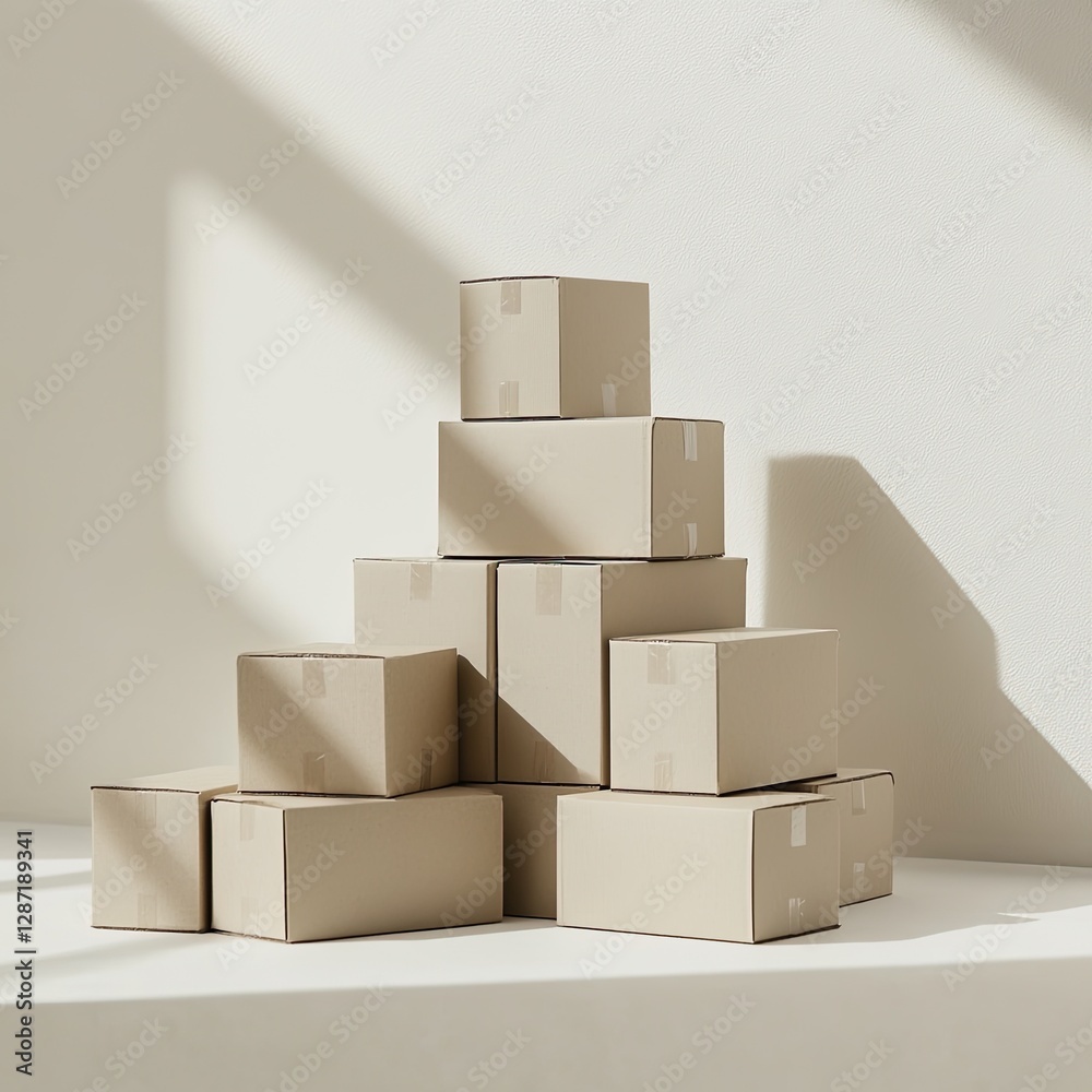 Obraz premium Stacked cardboard boxes, studio, sunlight, product presentation