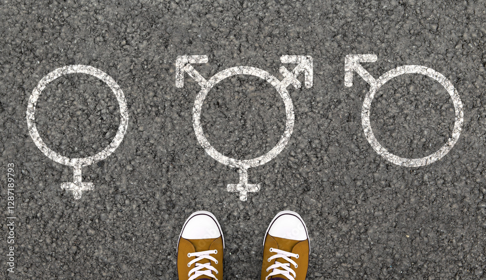 Fototapeta premium Person Standing With Transgender, Male And Female Gender Symbols Drawn On Asphalt Road. Overhead view