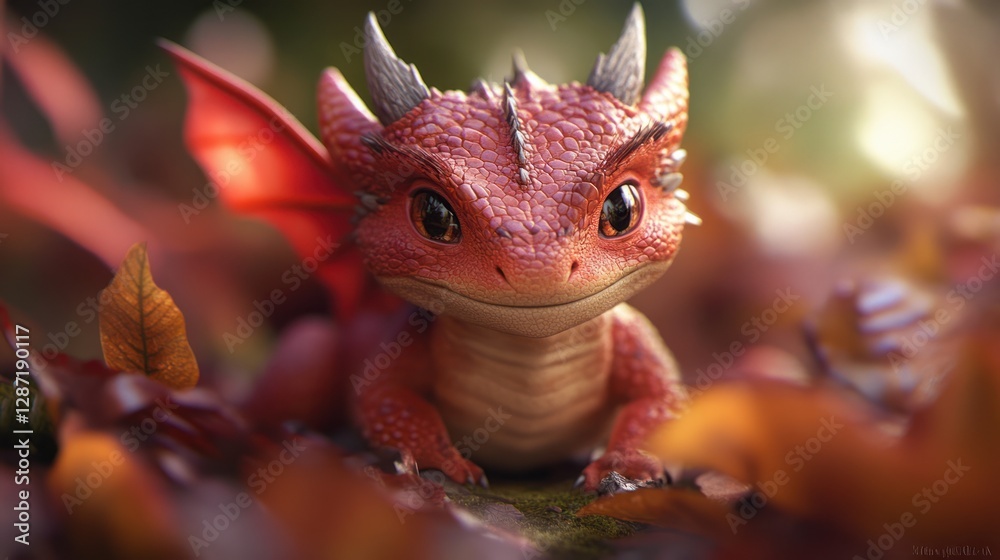 Fototapeta premium Red dragon nestled in autumn leaves, forest background, fantasy illustration