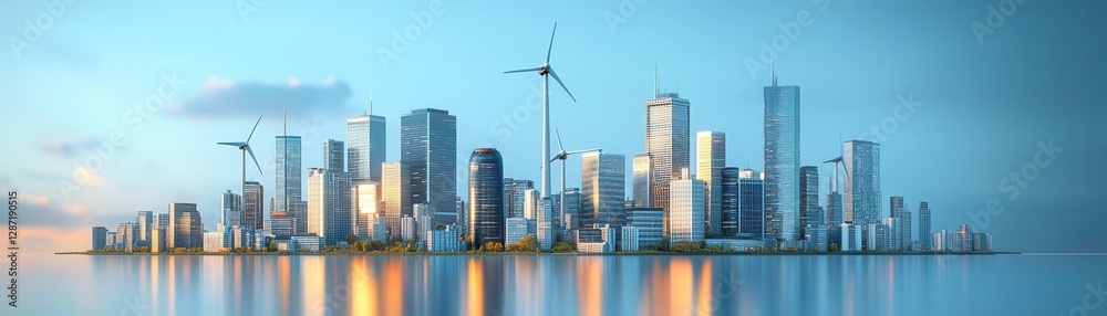 Fototapeta premium Energyefficient skyscrapers with wind turbines, ecofriendly urban design, 3D illustration