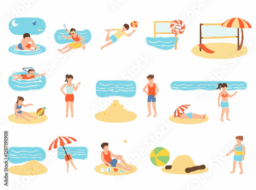 Beach activities set with 15 colorful beach icons. Swimming, snorkeling, beach volleyball, sandcastle building, and more.