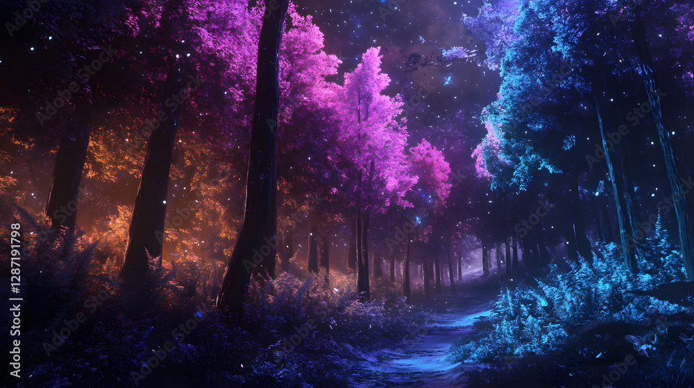 Mystical Enchanted Forest Path at Night with Glowing Trees Mystical Enchanted Forest Path at Night with Glowing Trees