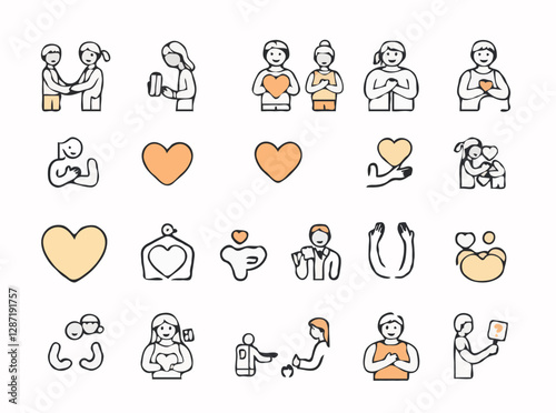 15 volunteer icons in outline style. Volunteering symbol set for community service, compassion, and altruism