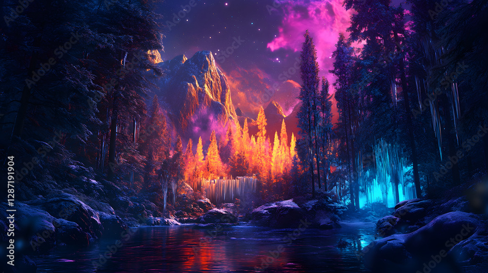 Fototapeta premium Ethereal Forest Landscape with Waterfall, Magical Light, and Icy Trees
