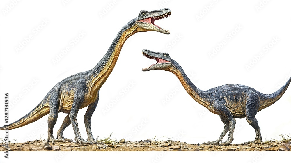 Fototapeta premium Dynamic display of two prehistoric dinosaurs isolated on white background creative concept artistic visualization