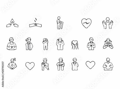 Thin line outline icons of 15 volunteering symbols. Volunteer set for humanitarian aid, support, and generosity