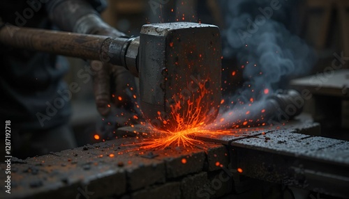 Inflamed metal is getting hammered by the blacksmith. Slow motion.