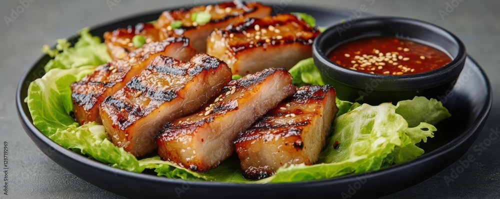 Grilled pork belly slices served with lettuce wraps and spicy dipping sauce, grilled pork belly, Korean barbecue Grilled pork belly slices served with lettuce wraps and spicy dipping sauce, grilled pork belly, Korean barbecue