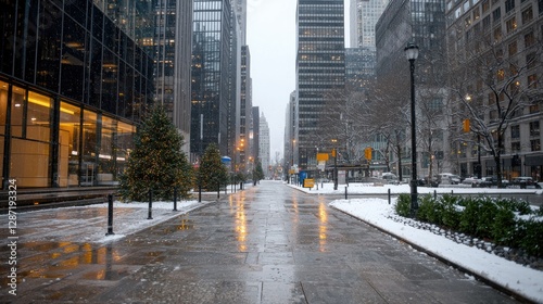 Snowy city street, urban landscape, winter scene, business district photo