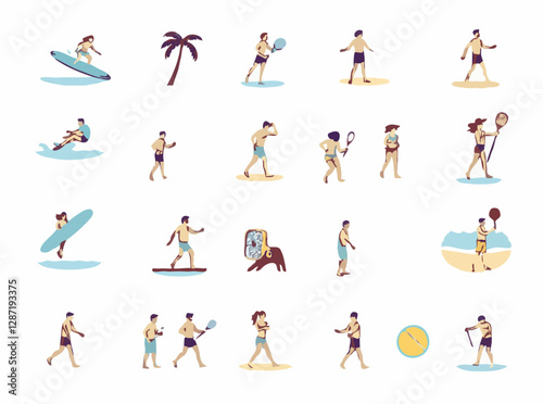 15 beach sports icons for an active day at the beach. Surfing, paddleboarding, beach tennis, frisbee, and more outdoor activities.
