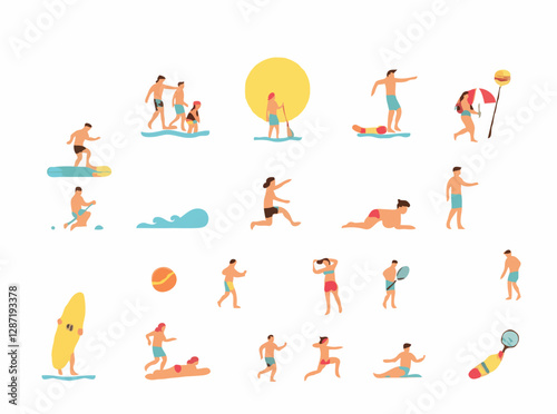 15 beach sports icons for an active day at the beach. Surfing, paddleboarding, beach tennis, frisbee, and more outdoor activities.
