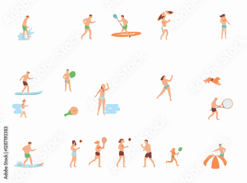15 beach sports icons for an active day at the beach. Surfing, paddleboarding, beach tennis, frisbee, and more outdoor activities.