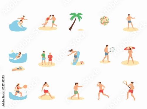 15 beach sports icons for an active day at the beach. Surfing, paddleboarding, beach tennis, frisbee, and more outdoor activities.