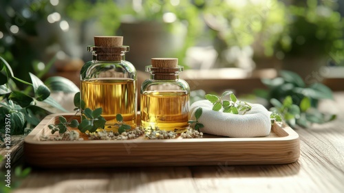 Herbal poultices and natural oils on a wooden tray, traditional healing, 3D illustration photo