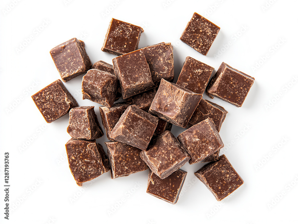 Overhead Shot of Dark Chocolate Squares on White Background Overhead Shot of Dark Chocolate Squares on White Background