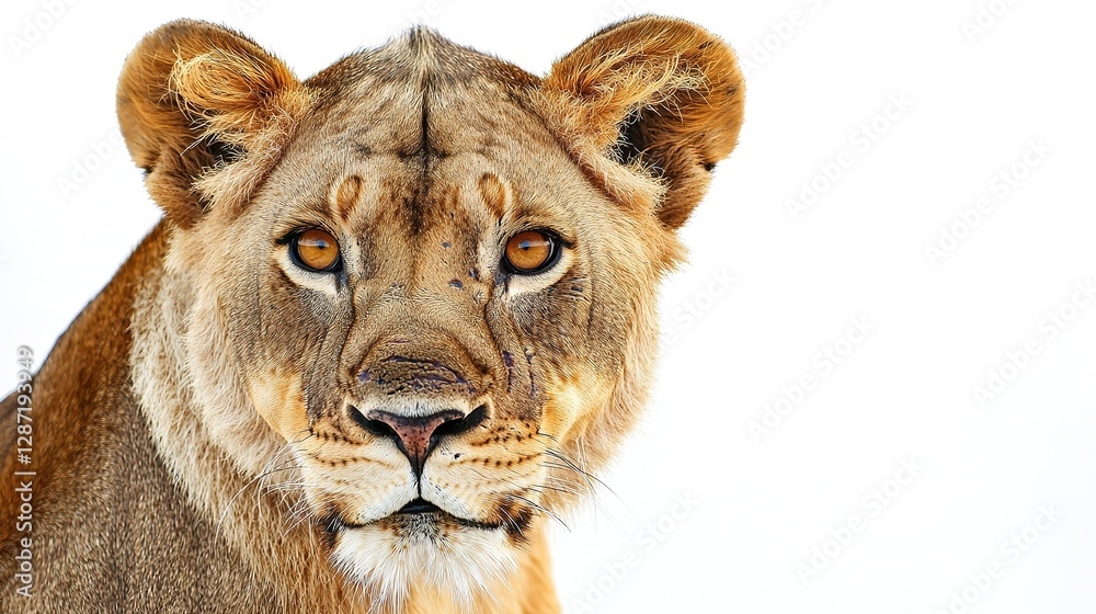 Obraz premium Battleworn lioness stands majestically against a white background animal portrait wildlife photography isolated view