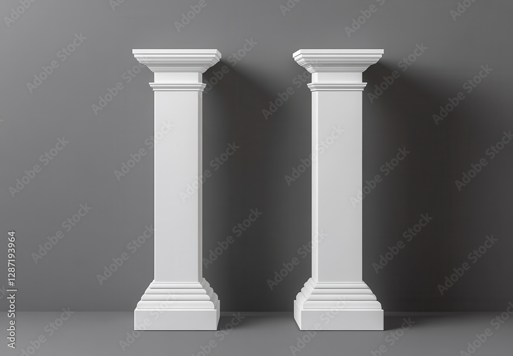 Pair of White Classical Columns Against Gray Background Pair of White Classical Columns Against Gray Background