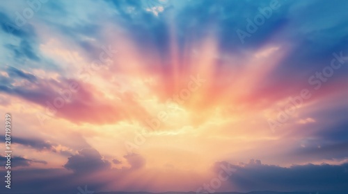 Sun rays breaking through dramatic colorful sky with soft clouds