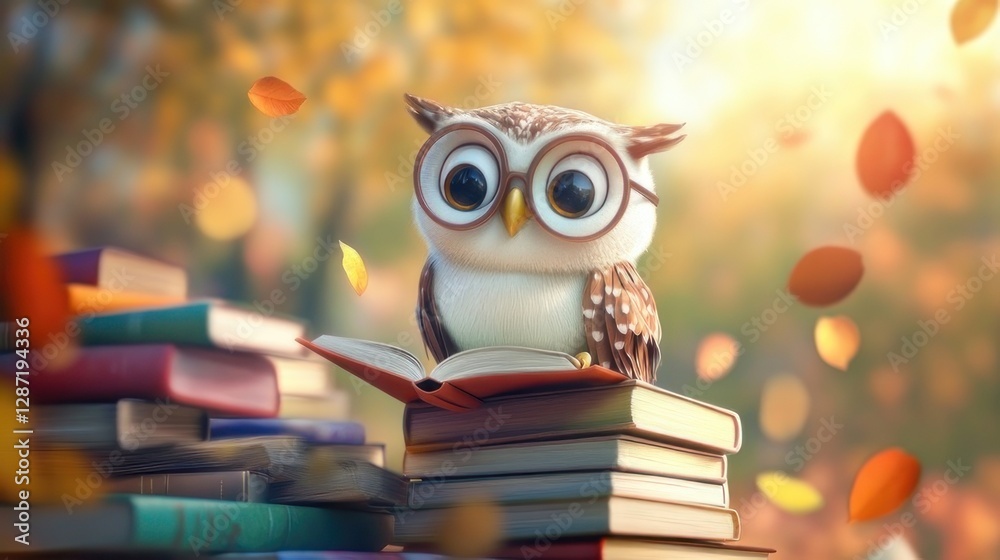 Cute Owl Reading Books in Autumn Forest Cute Owl Reading Books in Autumn Forest
