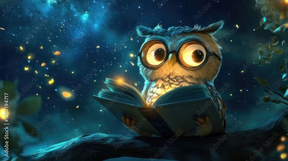 Fototapeta premium Cute Owl Reading Book at Night