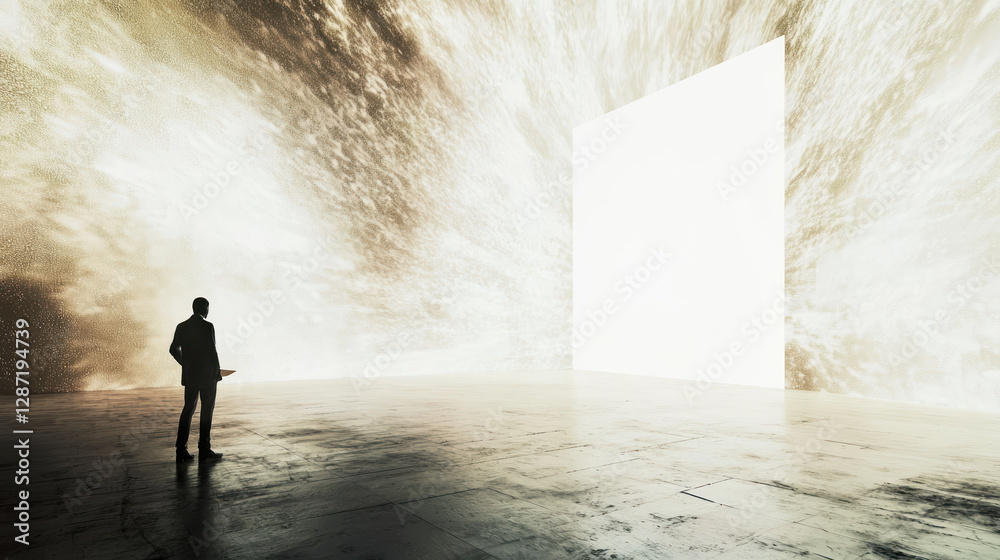 Fototapeta premium A person stands vast space, gazing bright white light emanating from large rectangular opening. atmosphere is surreal and
