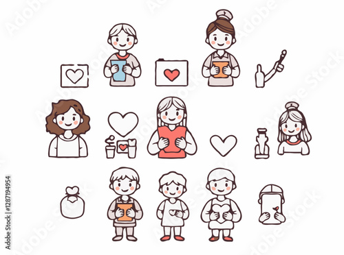 Volunteering outline icons pack. 15 charity and community service symbols. Nonprofit, donation, support, giving back.