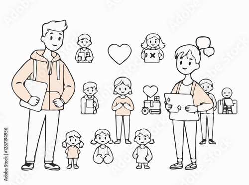 Volunteering outline icons pack. 15 charity and community service symbols. Nonprofit, donation, support, giving back.