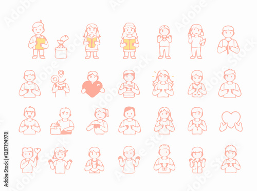 Volunteering outline icons pack. 15 charity and community service symbols. Nonprofit, donation, support, giving back.