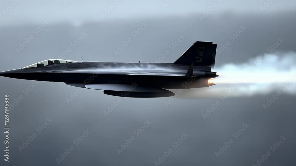 Dark Jet Aircraft in Cloudy Sky with Smoke and Visible Jet Wash During Flight for Aerospace and Military Visuals
