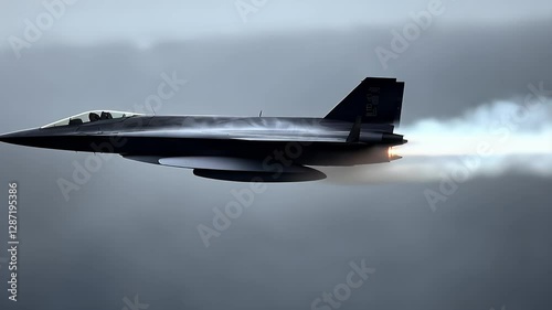 Dark Jet Aircraft in Cloudy Sky with Smoke and Visible Jet Wash During Flight for Aerospace and Military Visuals