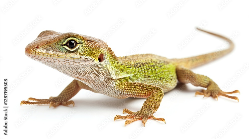 Close-up of green anole lizard basking in calm environment | wildlife photography on white background