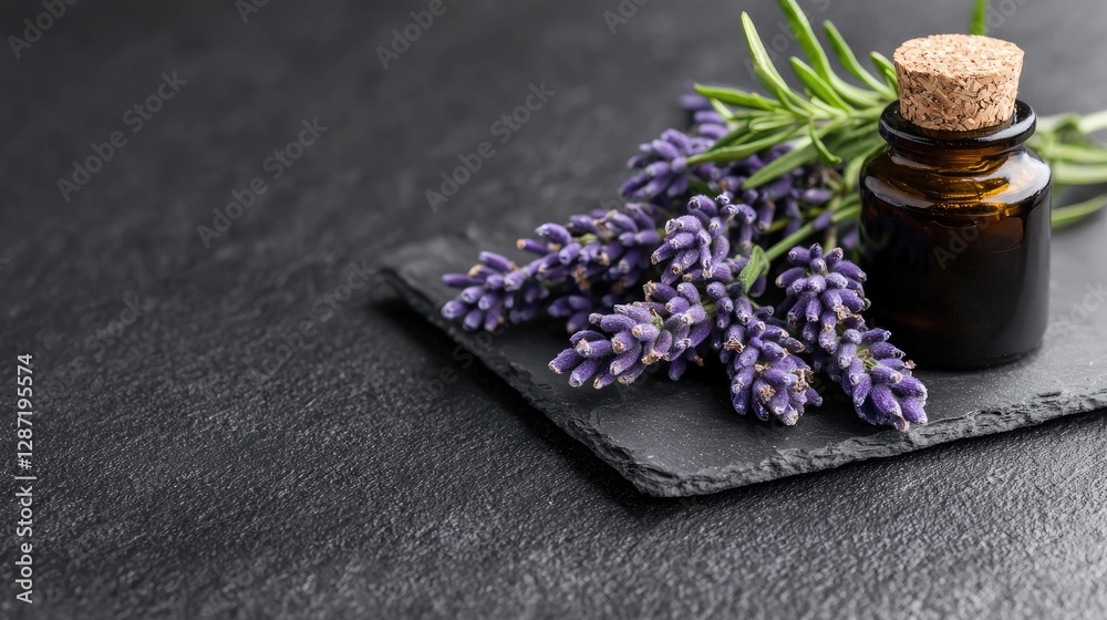 Lavender essential oil bottle with flowers on slate, dark background.  Relaxation, aromatherapy, wellness