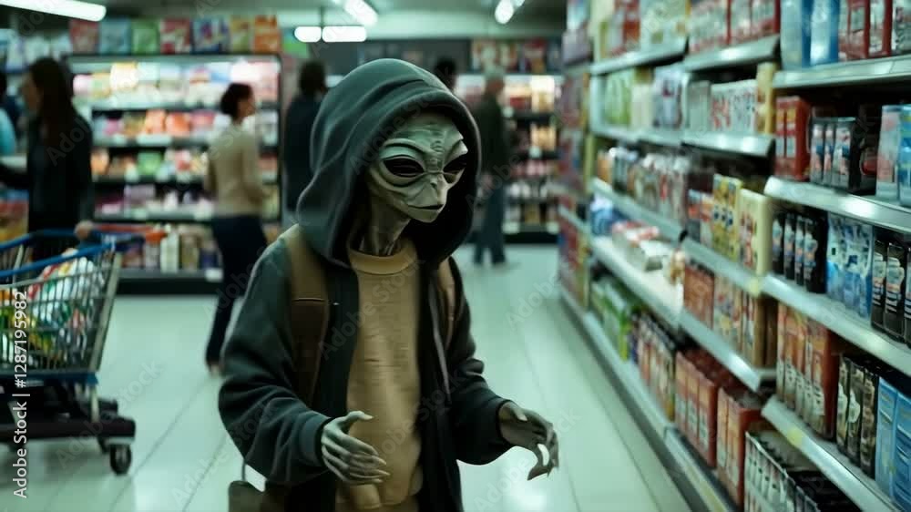 A Mysterious Creature is Shopping in a Supermarket Aisle, Blending into the Eerie Daylight Surroundings A Mysterious Creature is Shopping in a Supermarket Aisle, Blending into the Eerie Daylight Surroundings