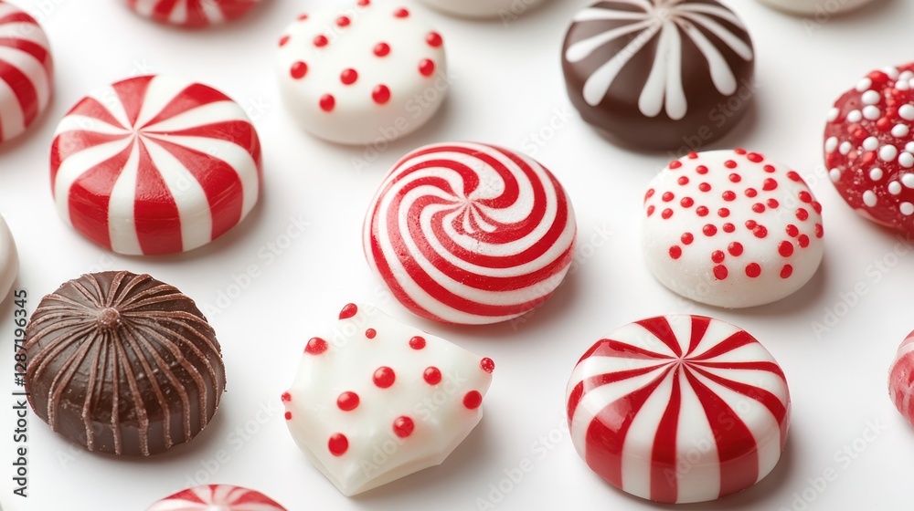 Fototapeta premium Red and white striped candies on white background, close-up shot, festive food photography, holiday baking