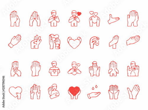 15 volunteer outline icons for nonprofit organizations and charity events. Giving back, helping hand, care, kindness, humanitarian aid.