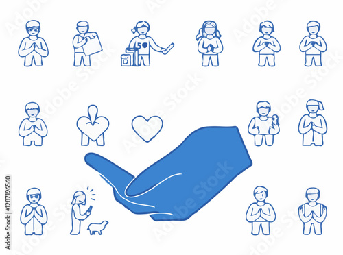 15 volunteer outline icons for nonprofit organizations and charity events. Giving back, helping hand, care, kindness, humanitarian aid.