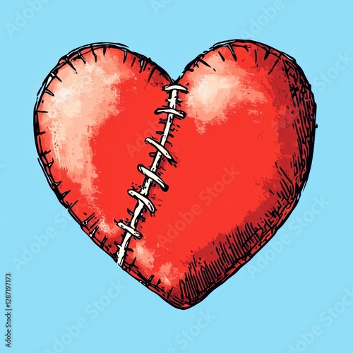 Stitched red heart illustration on blue	